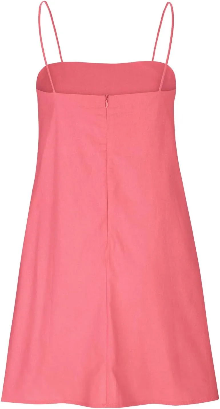 Womens Summer Sleeveless Mini Dress Cotton Linen Spaghetti Strap Sundress Square Neck Solid Beach Camisole Dress