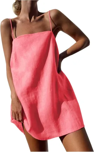 Womens Summer Sleeveless Mini Dress Cotton Linen Spaghetti Strap Sundress Square Neck Solid Beach Camisole Dress