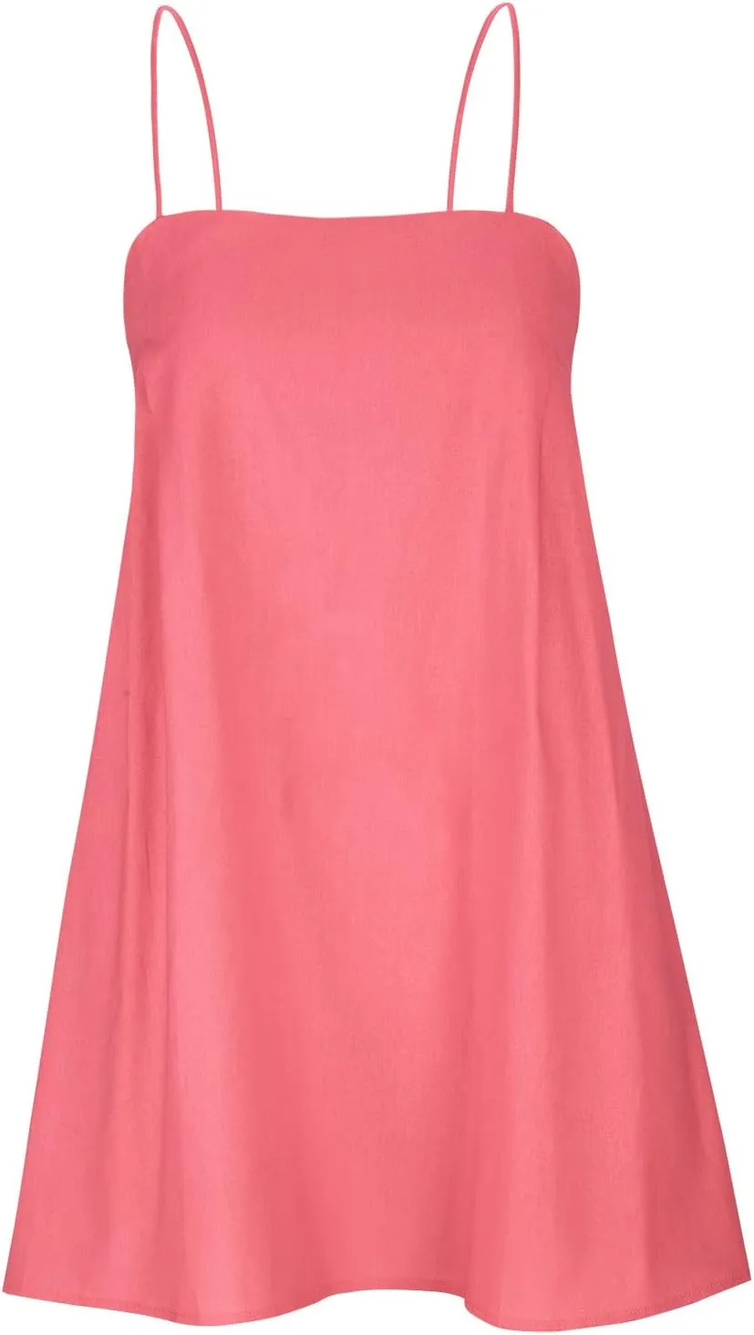 Womens Summer Sleeveless Mini Dress Cotton Linen Spaghetti Strap Sundress Square Neck Solid Beach Camisole Dress