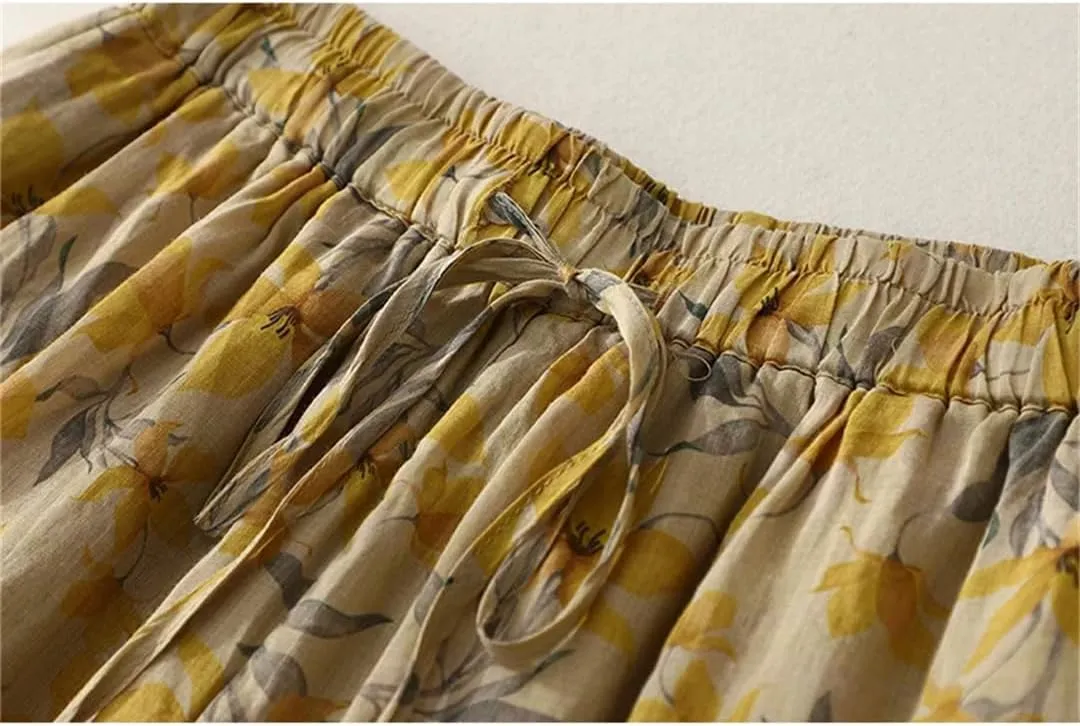 Women's Thin Wide Leg Pants Retro High Waist Floral Harem Pants Loose Straight Pants