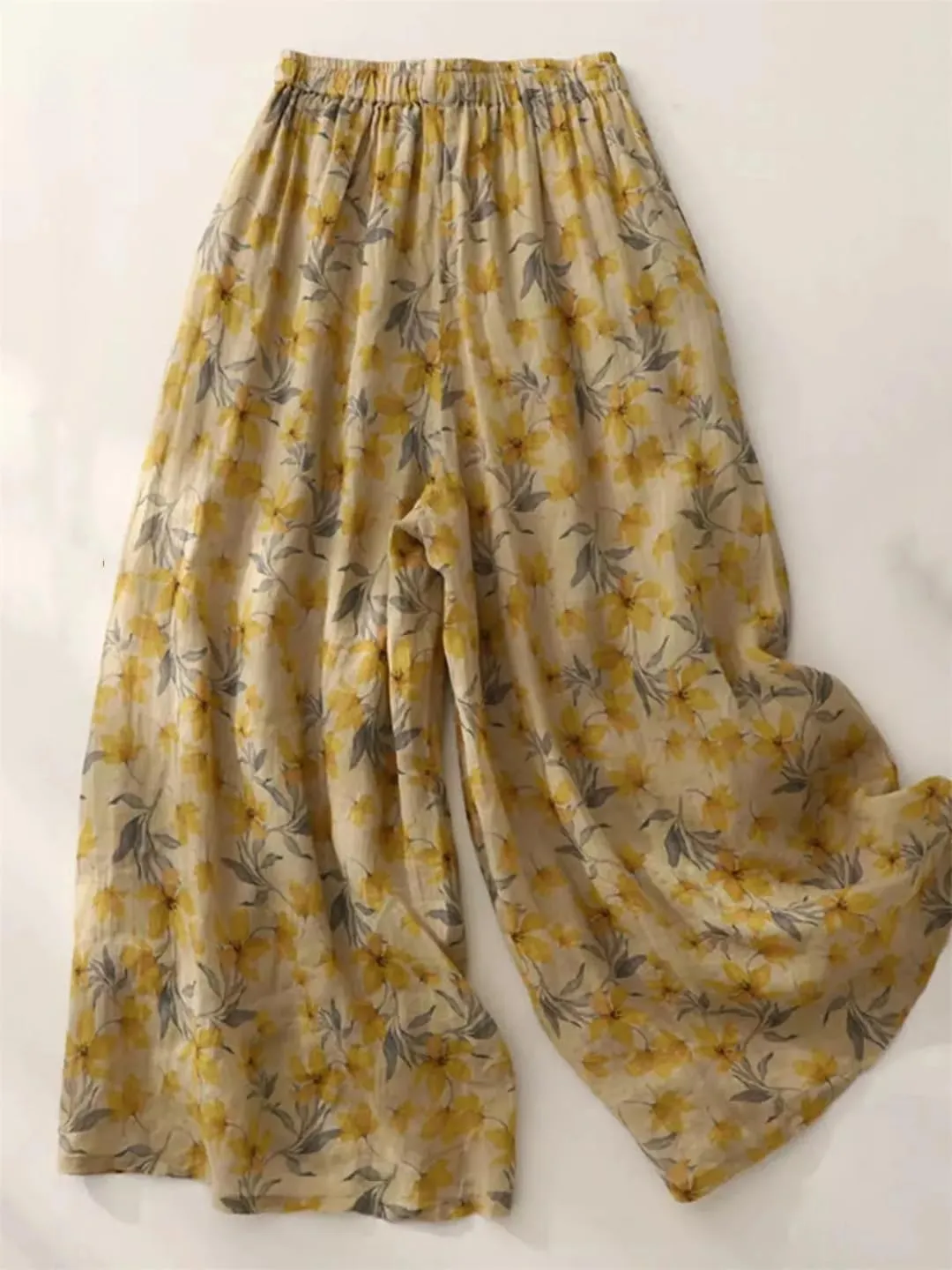 Women's Thin Wide Leg Pants Retro High Waist Floral Harem Pants Loose Straight Pants