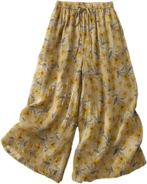 Women's Thin Wide Leg Pants Retro High Waist Floral Harem Pants Loose Straight Pants