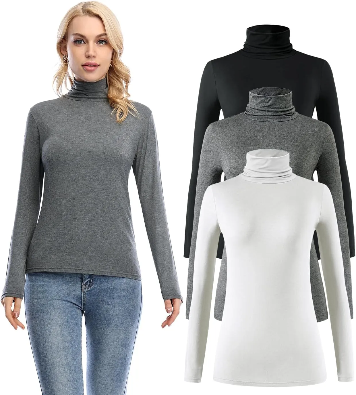 Xelky Womens Long Sleeve Turtleneck Shirt Lightweight Slim Turtle Neck Active Tops Basic Pullover Undershirt 2 Pack