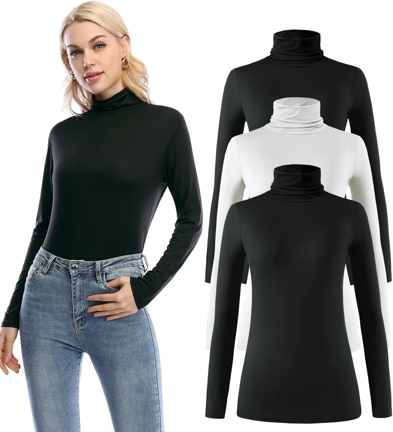 Xelky Womens Long Sleeve Turtleneck Shirt Lightweight Slim Turtle Neck Active Tops Basic Pullover Undershirt 2 Pack