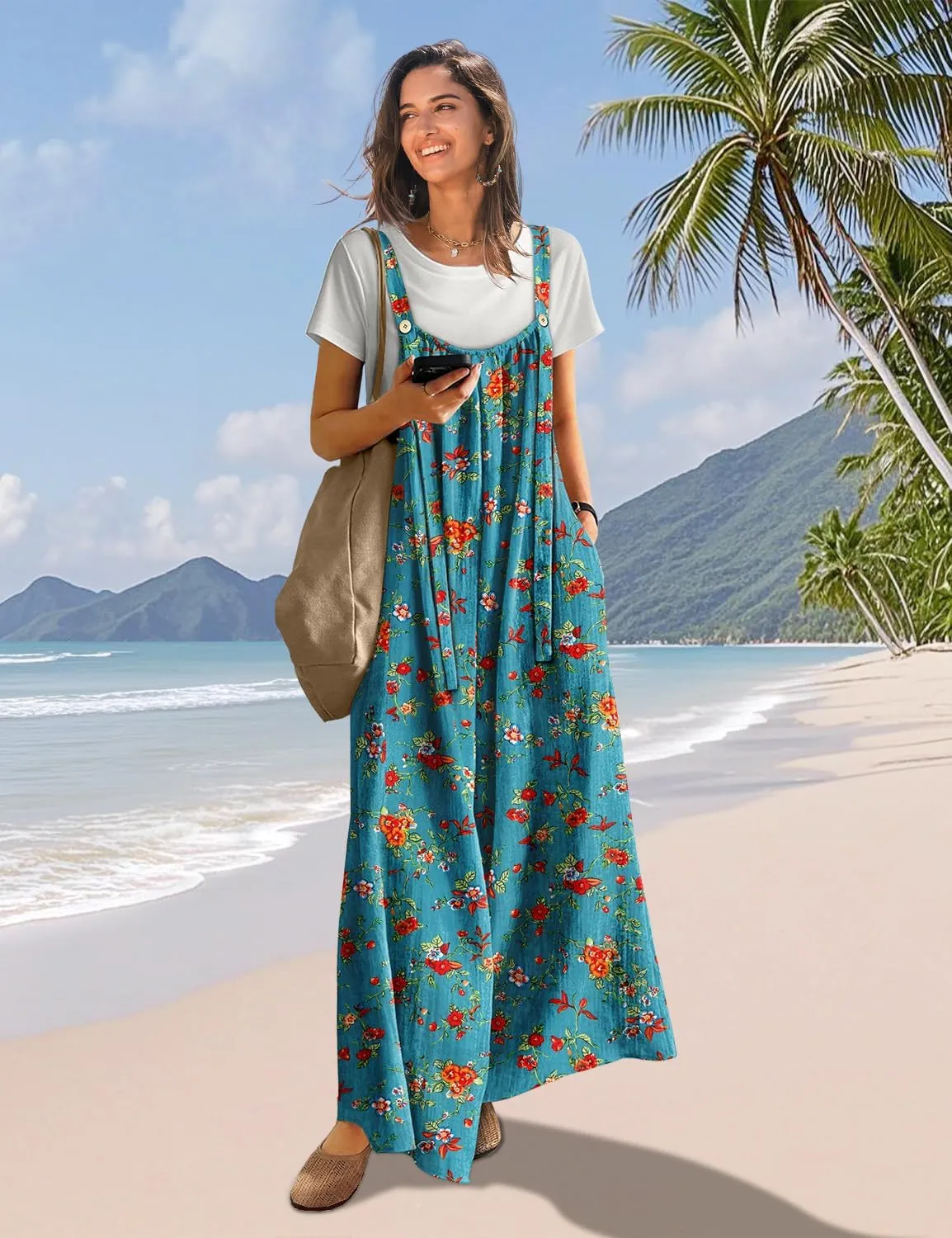 YESNO Casual Wide Leg Jumpsuits for Women Boho Floral Pleated Overalls Rompers Summer Outfits with Pockets P0D