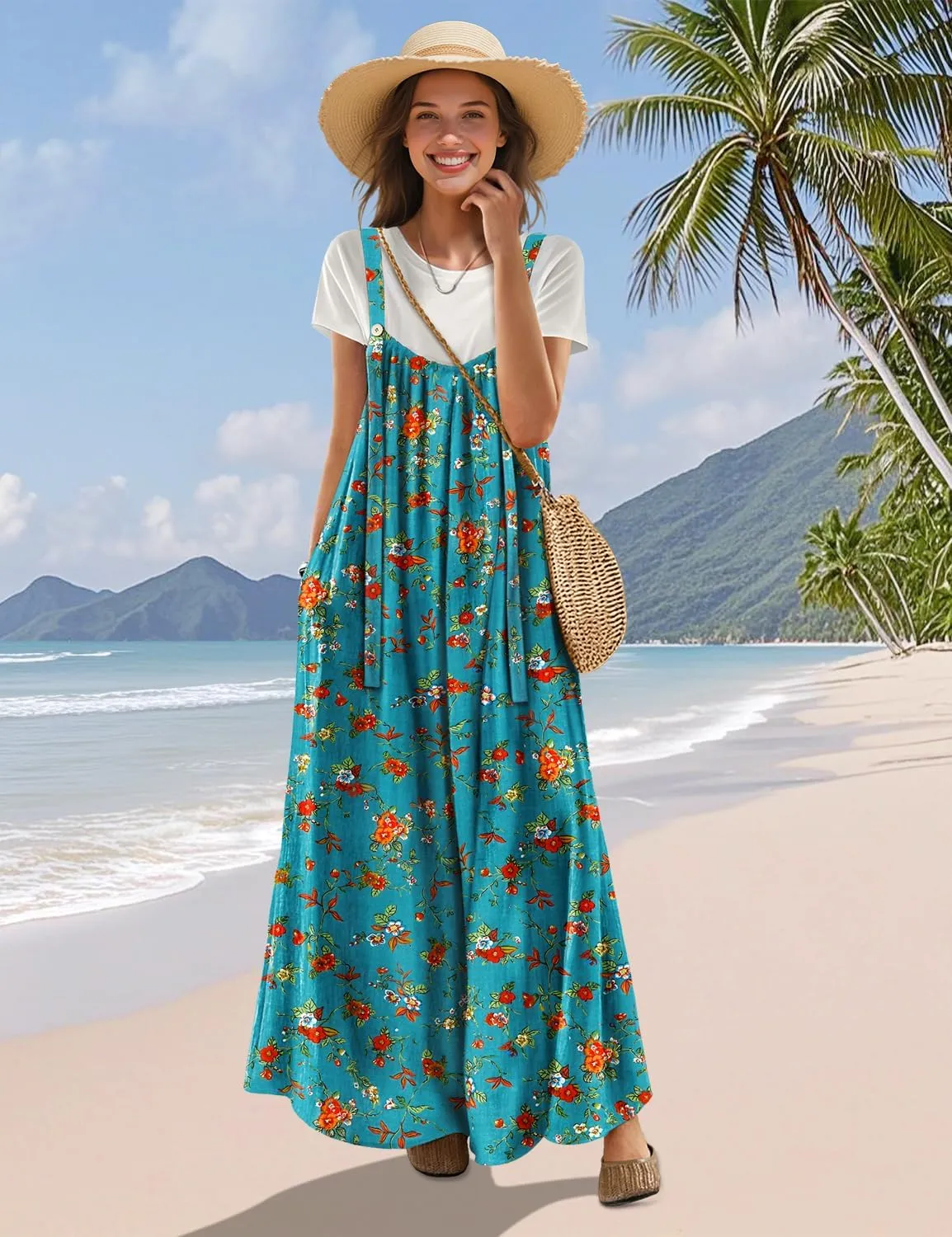 YESNO Casual Wide Leg Jumpsuits for Women Boho Floral Pleated Overalls Rompers Summer Outfits with Pockets P0D