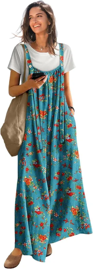 YESNO Casual Wide Leg Jumpsuits for Women Boho Floral Pleated Overalls Rompers Summer Outfits with Pockets P0D