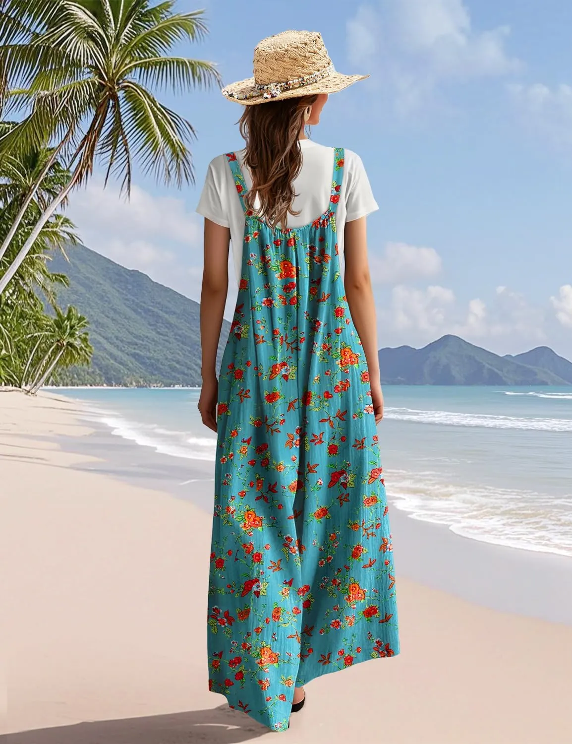 YESNO Casual Wide Leg Jumpsuits for Women Boho Floral Pleated Overalls Rompers Summer Outfits with Pockets P0D