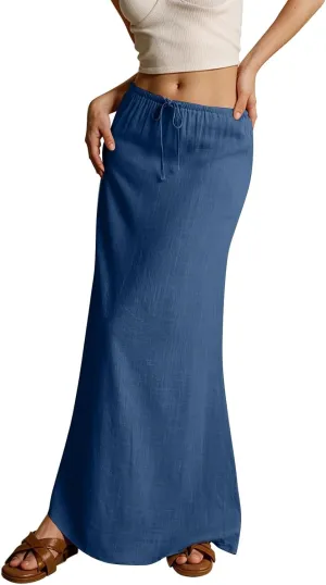 ZWRXW Linen Maxi Skirts for Women Cotton Linen Skirt Elastic Waist Drawstring Waist A Line Skirts Flowy Ankle-Length Skirt