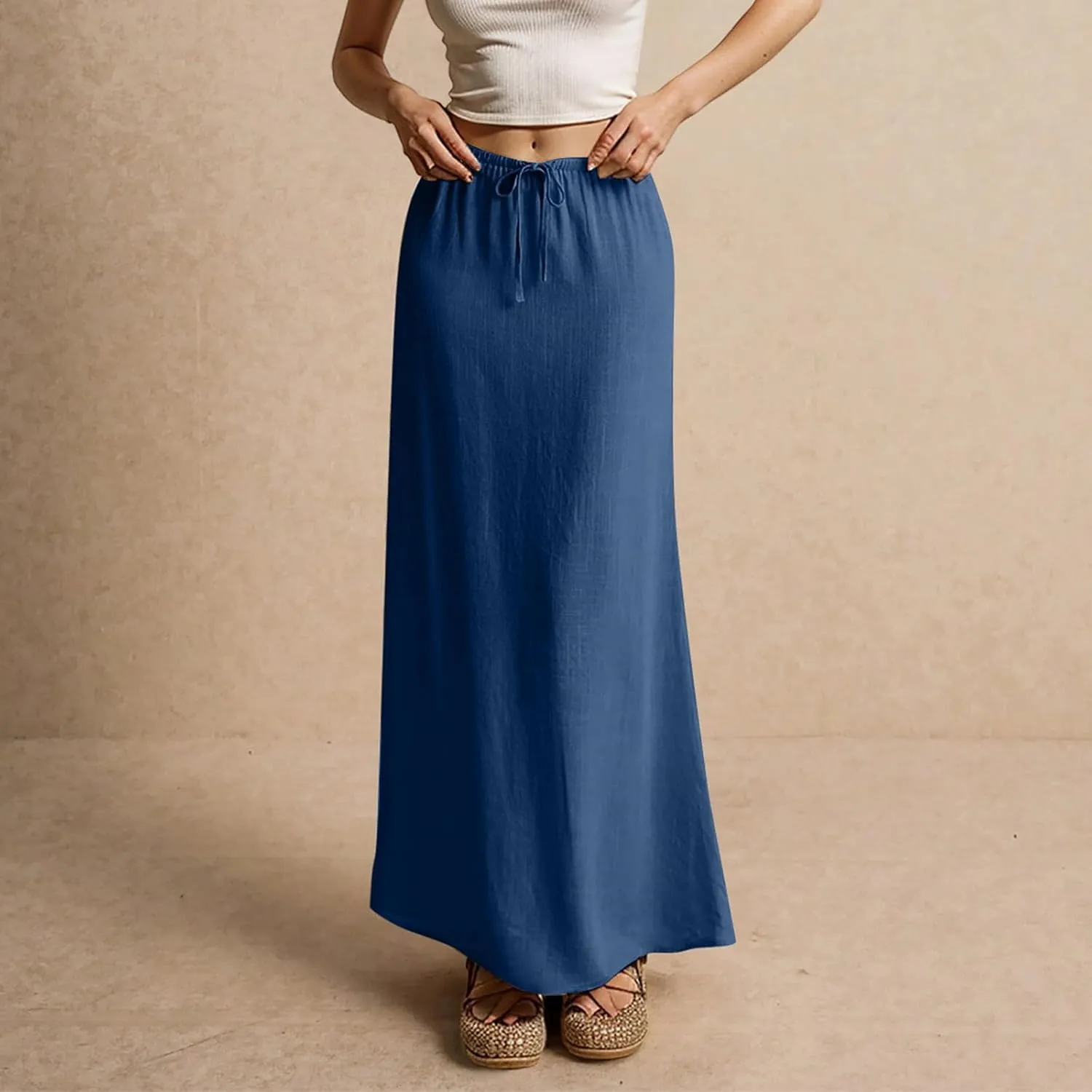 ZWRXW Linen Maxi Skirts for Women Cotton Linen Skirt Elastic Waist Drawstring Waist A Line Skirts Flowy Ankle-Length Skirt