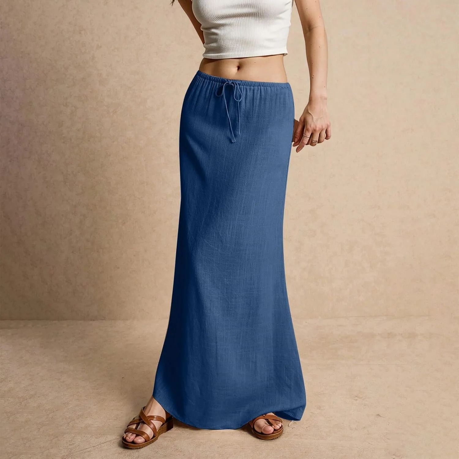 ZWRXW Linen Maxi Skirts for Women Cotton Linen Skirt Elastic Waist Drawstring Waist A Line Skirts Flowy Ankle-Length Skirt