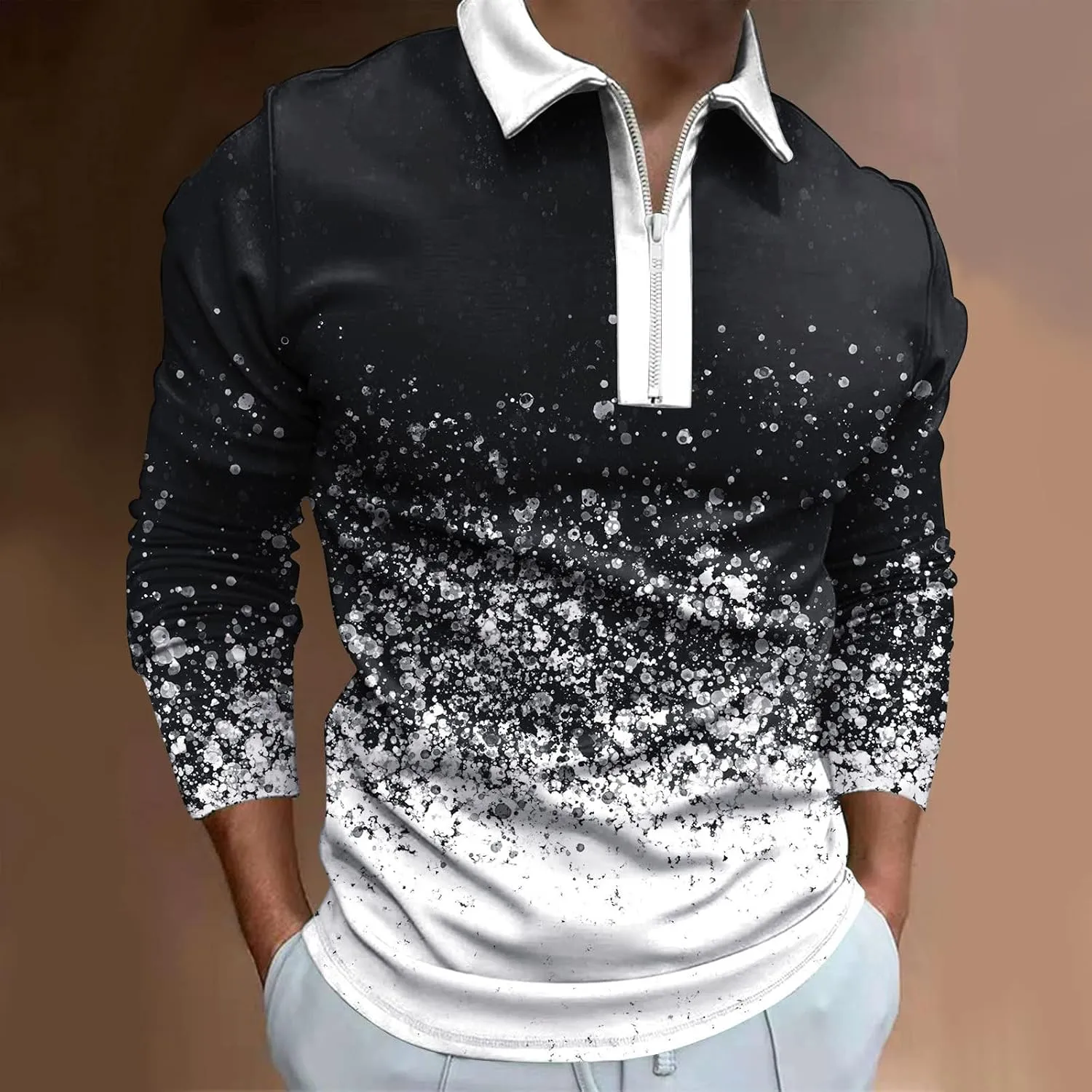 ZYXTIM Men's Long Sleeve Polo Shirts with Collar Casual Waffle Knit Zipper Up Colorblock/Stripe Lapel Sports Golf Work Tops